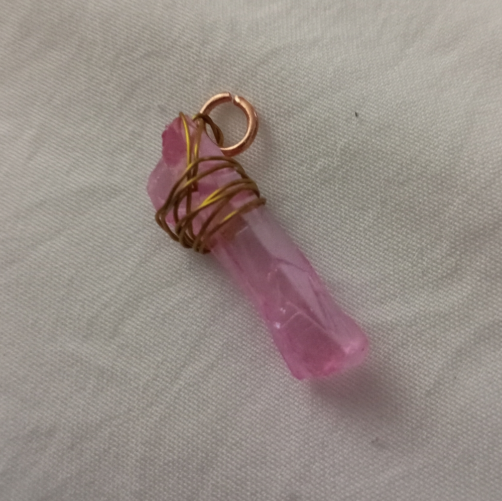 Pink rose quartz gemstone gold wire wrapped statement pendant hand crafted